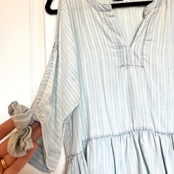 Francesca’s Open Shoulder Striped Peplum Top, Light Blue/White - Picture 2 of 5